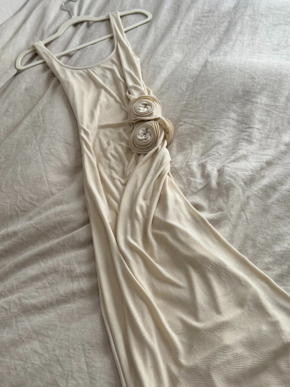 Y2K Ivory Rosette Draped Maxi Dress